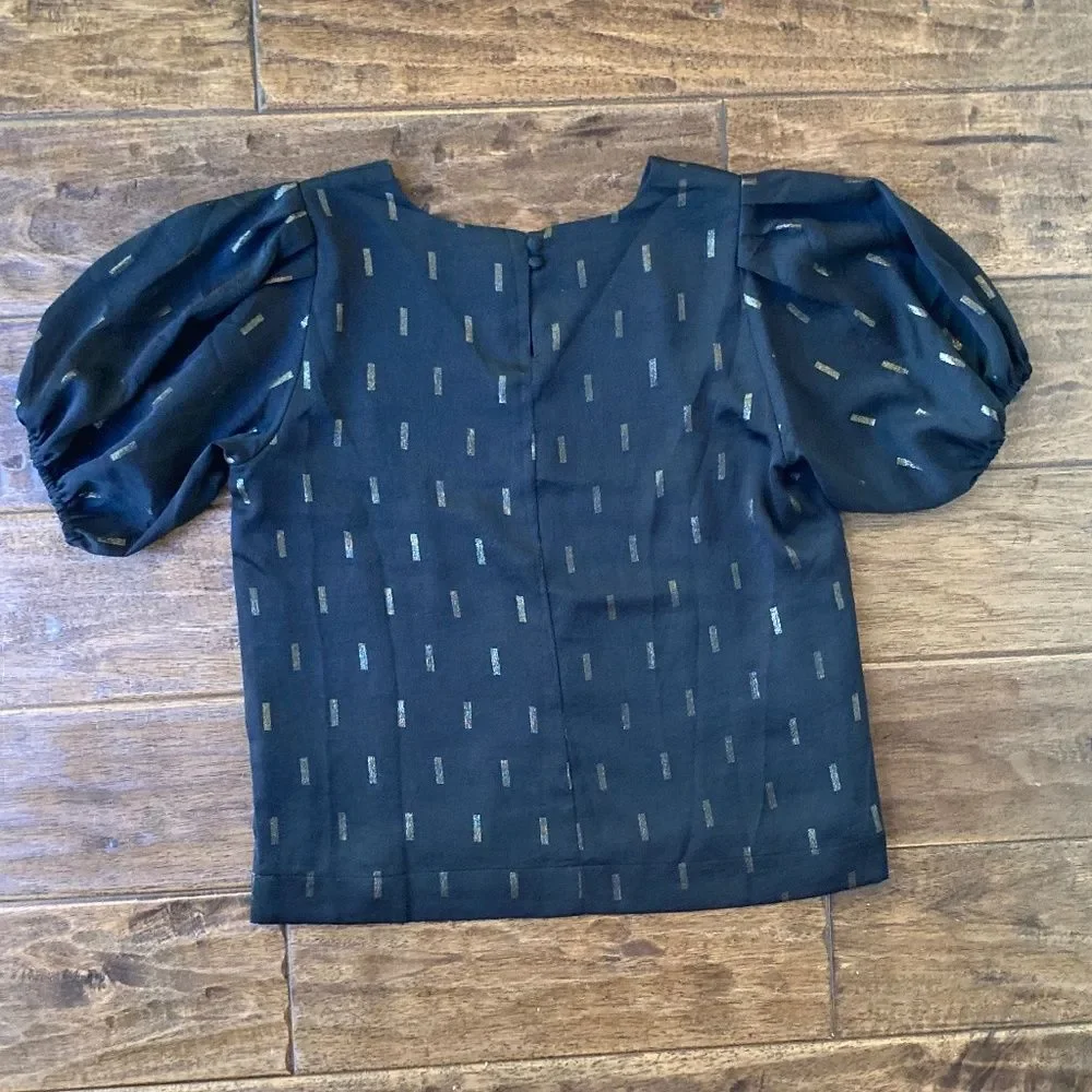 Madewell Metallic Jacquard Puff-Sleeve Top Black with Gold Button Neck Size XXS
